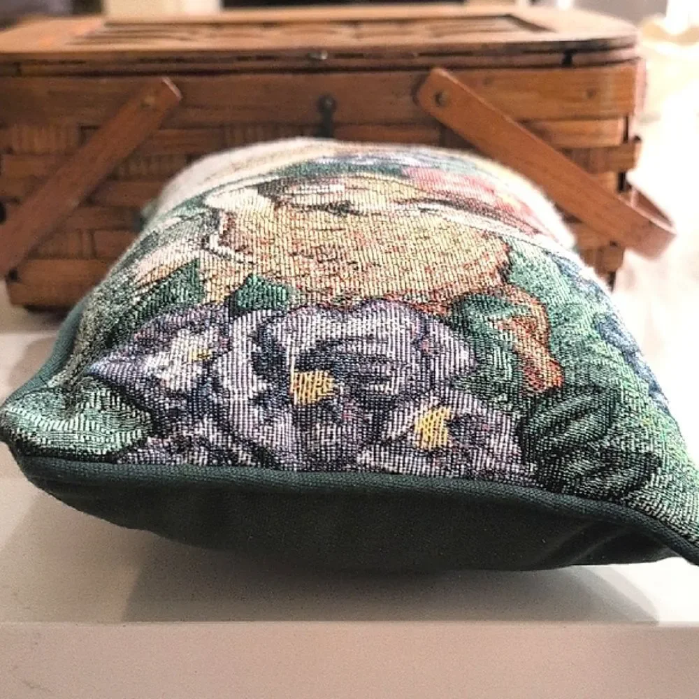 Vintage Floral Bunny Tapestry Accent Pillow Signed Linda Picken